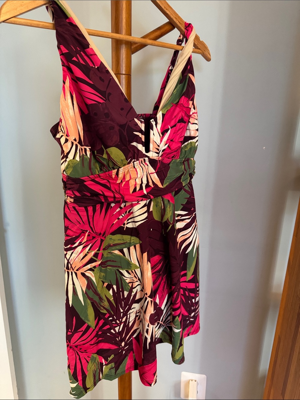 Lands end Tropical Ruched One-Piece Swim Dress - Magenta & Green